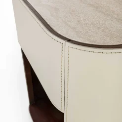 Alma Comodino a 1 cassetto in pelle beige con piano in marmo travertino