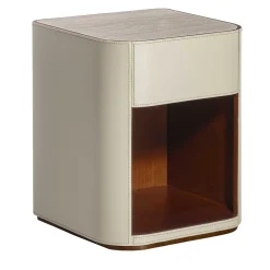 Alma Comodino a 1 cassetto in pelle beige con piano in marmo travertino