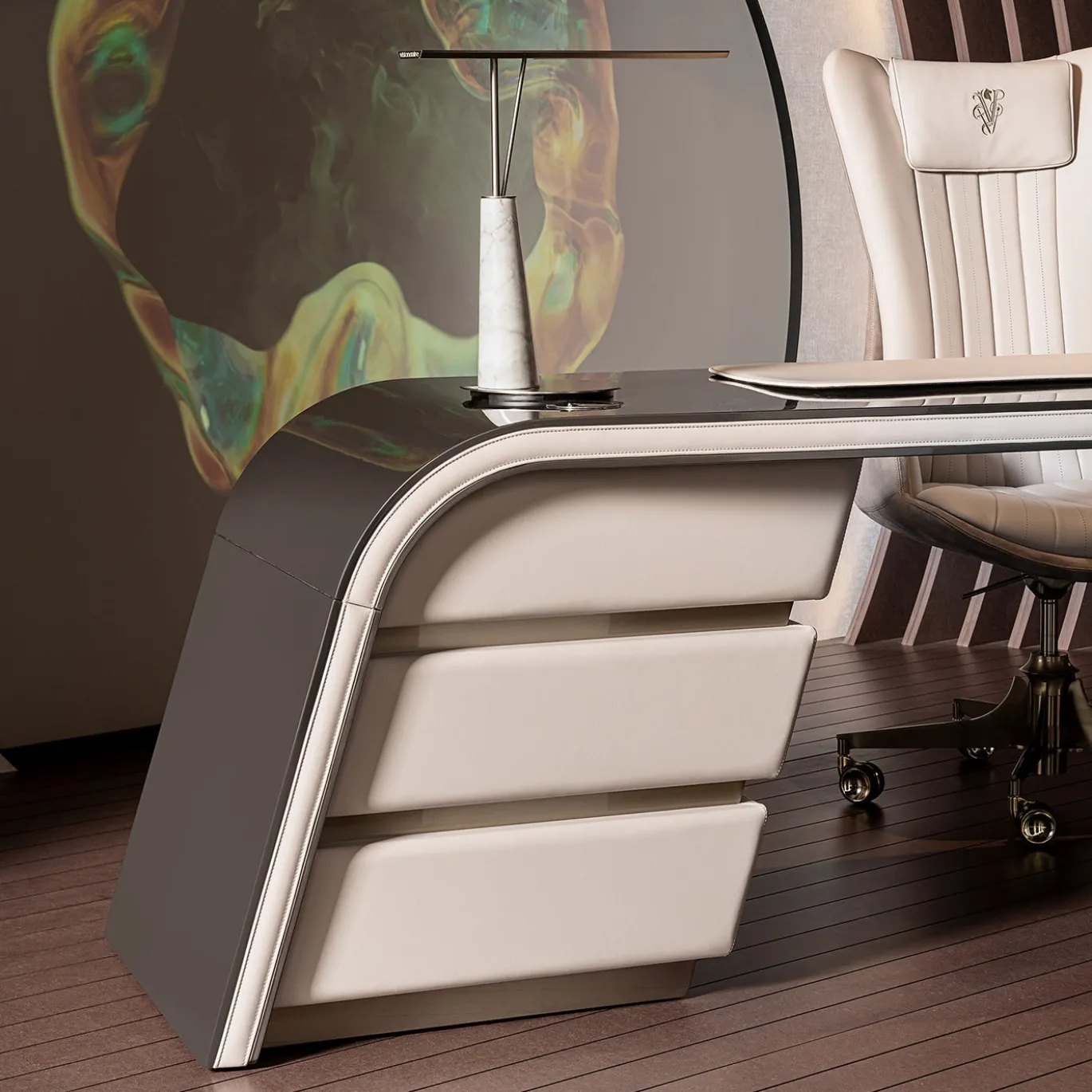 Ambassador Scrivania in Legno Beige e Pelle