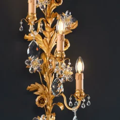 Applique a 3 luci in metallo con foglia d'oro e cristallo