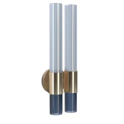 Applique doppia Sbàrlusc in vetro fumé indaco e ottone champagne di Isacco Brioschi