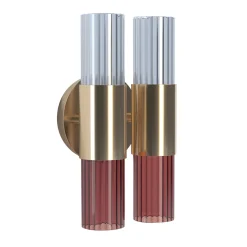 Applique Doppia Sbàrlusc Mini in Vetro Rosso e Ottone Champagne di Isacco Brioschi