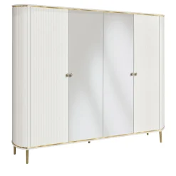 Armadio Bianco a 4 Ante con Specchio e Accenti in Metallo Oro