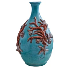 Bottiglia Decorativa Vaso Conchiglie e Coralli in Ceramica Rossa e Blu