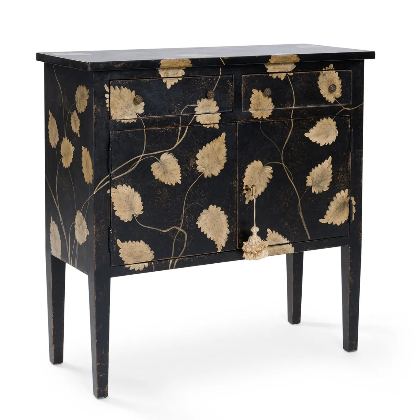 Cabinet Barberini piccolo in legno nero dipinto a mano con motivo a foglie e con cassetti