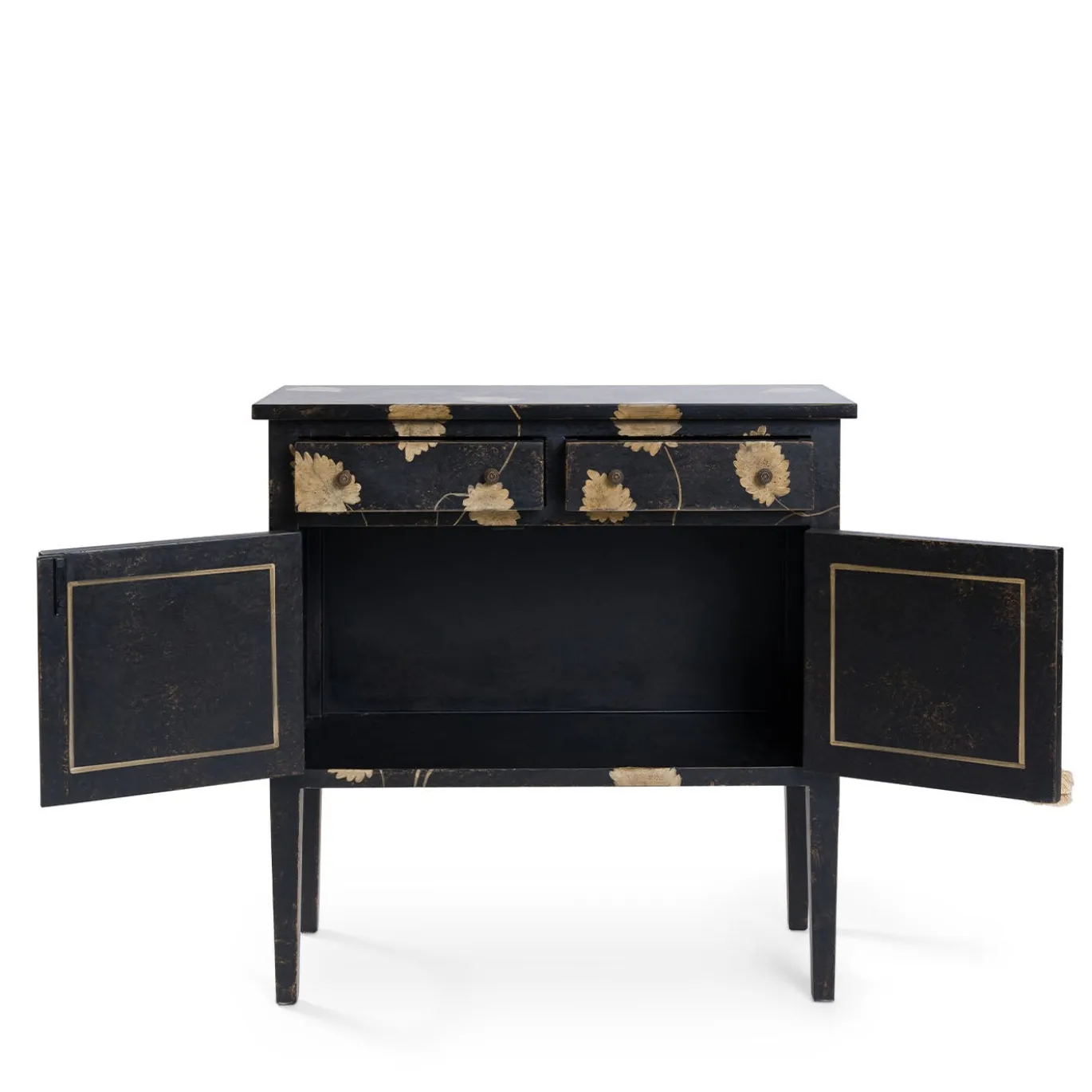 Cabinet Barberini piccolo in legno nero dipinto a mano con motivo a foglie e con cassetti