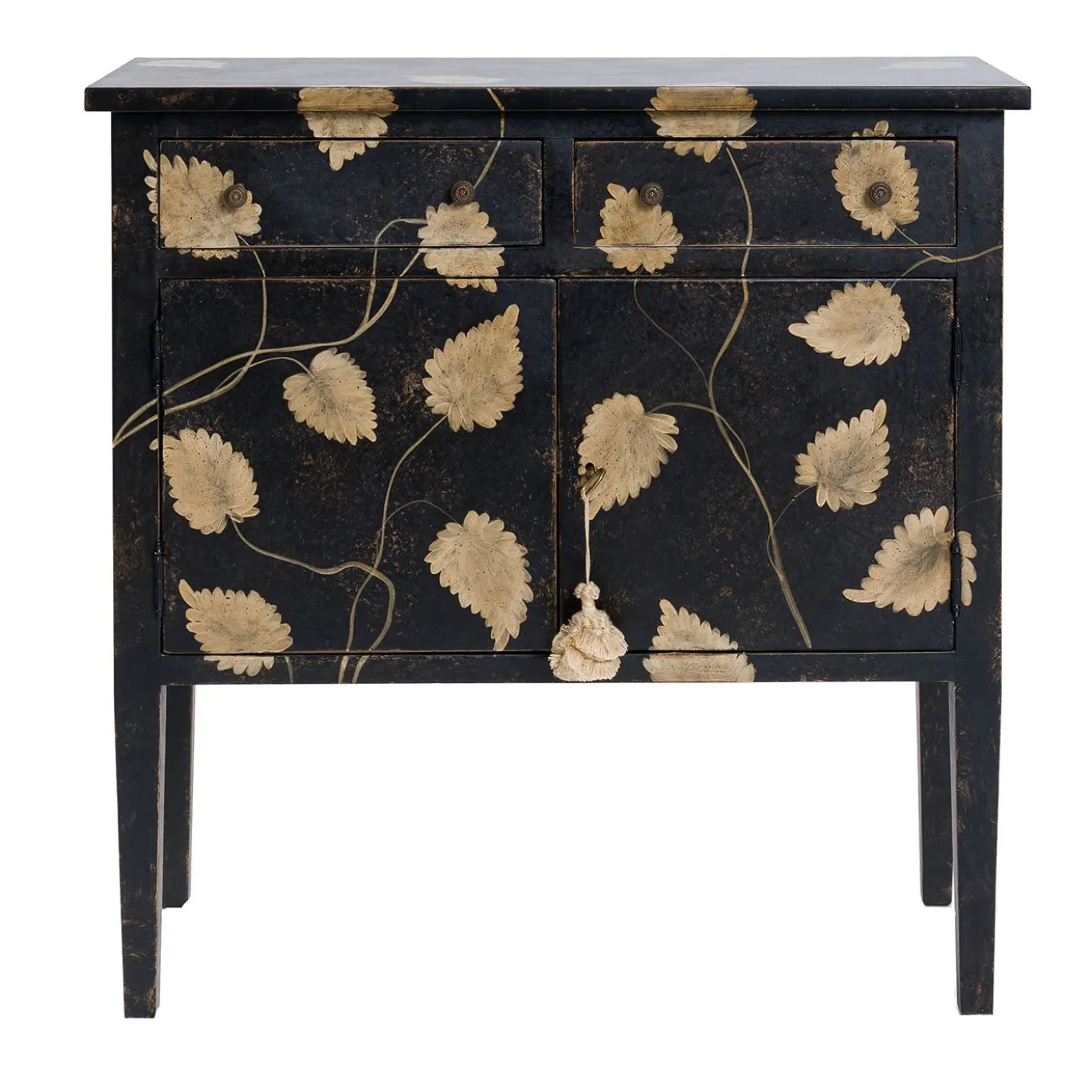 Cabinet Barberini piccolo in legno nero dipinto a mano con motivo a foglie e con cassetti