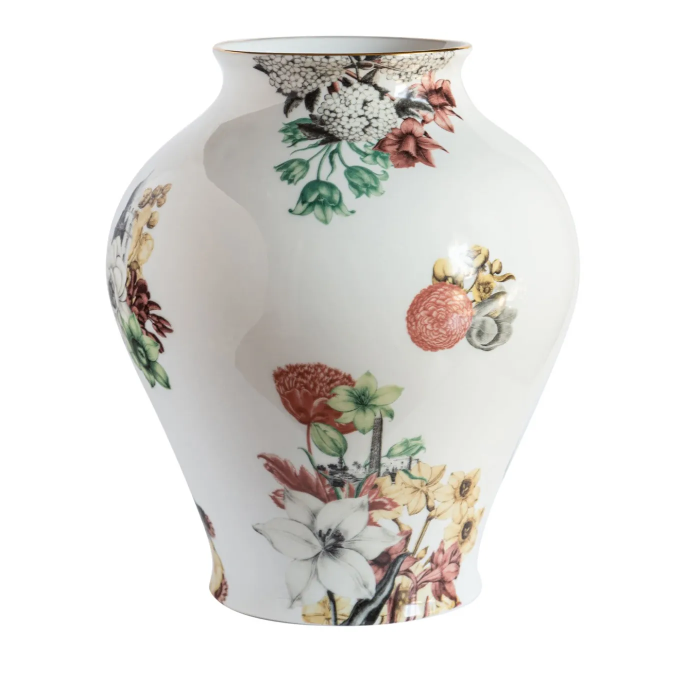 Cairo Vaso in porcellana ad anfora con fiori e architetture H27Cm