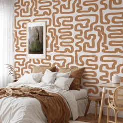 Carta da Parati Boho a Labirinto in Toni Nocciola e Bianco