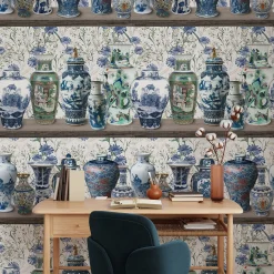 Carta da Parati Chinoiserie con Vasi Ming