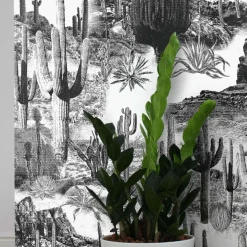 Carta da Parati con Cactus in Bianco e Nero