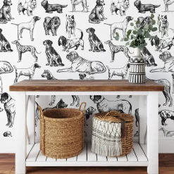 Carta da Parati con Cani Disegnati a Mano in Bianco e Nero