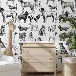 Carta da Parati con Cani Disegnati a Mano in Bianco e Nero