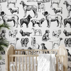 Carta da Parati con Cani Disegnati a Mano in Bianco e Nero