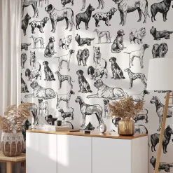 Carta da Parati con Cani Disegnati a Mano in Bianco e Nero