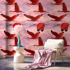 Carta da Parati con Uccello Ibis Scarlatto al Tramonto