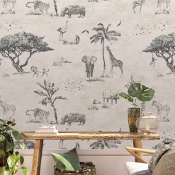 Carta da Parati Safari Beige con Animali Selvatici