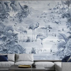 Carta da parati testurizzata artigianale blu Flamingos