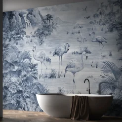 Carta da parati testurizzata artigianale blu Flamingos