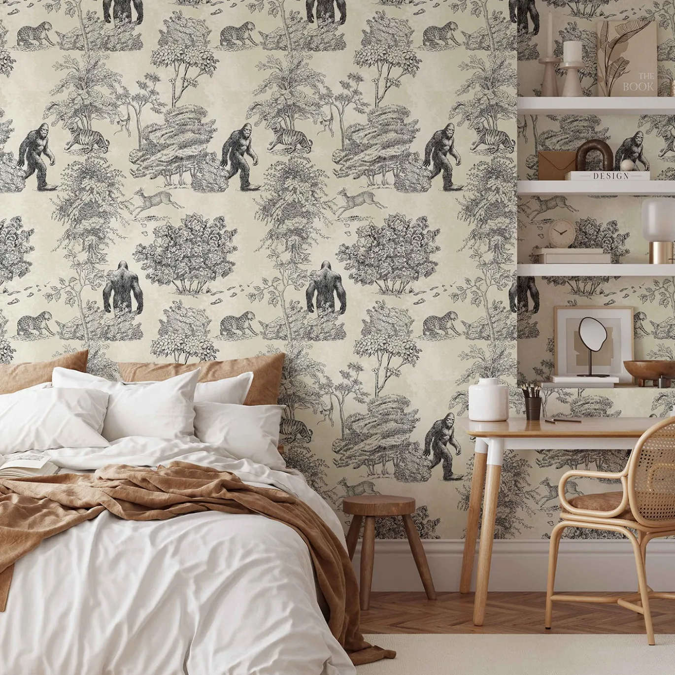Carta da Parati Toile de Jouy in Toni Seppia con Bigfoot Mistico