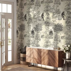 Carta da Parati Toile de Jouy in Toni Seppia con Bigfoot Mistico