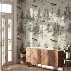 Carta da Parati Toile de Jouy Nera con Alien Abduction