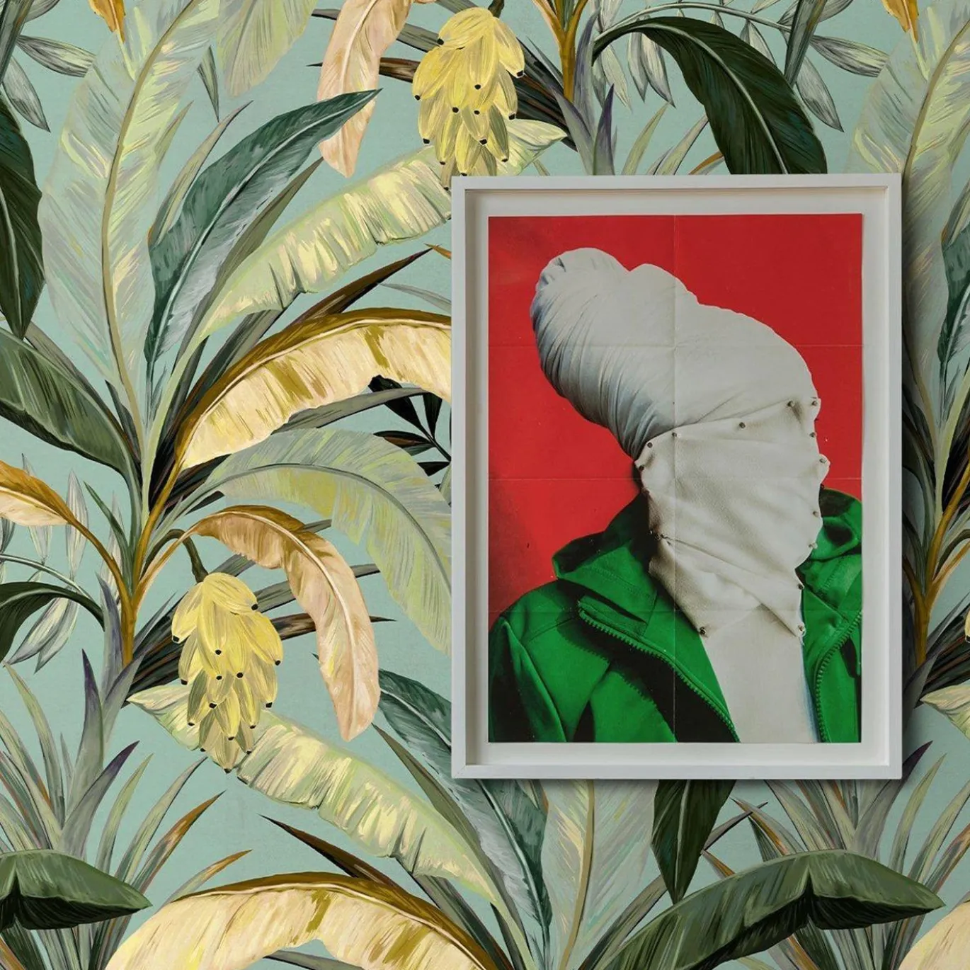 Carta da parati verde e gialla con foglie di banano