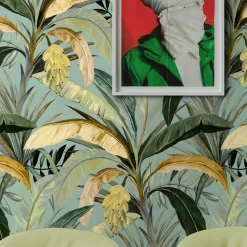 Carta da parati verde e gialla con foglie di banano