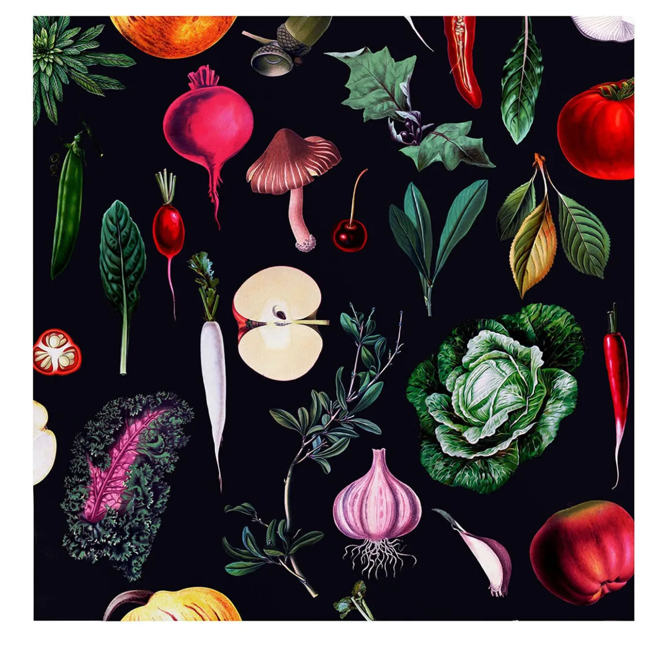 Carta da Parati Vintage Nera con Verdure per Cucina