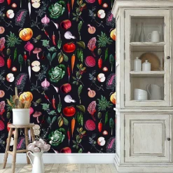 Carta da Parati Vintage Nera con Verdure per Cucina