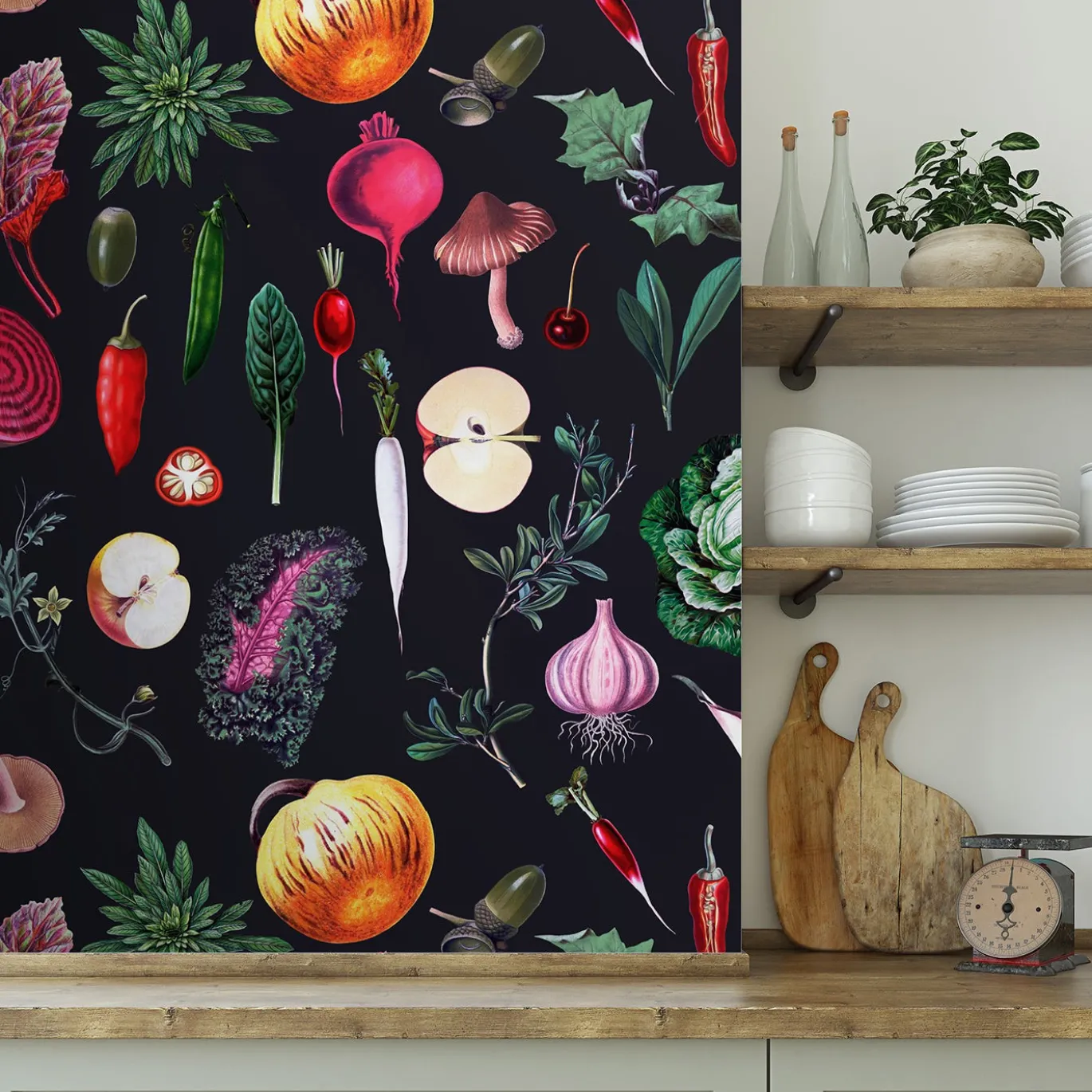 Carta da Parati Vintage Nera con Verdure per Cucina