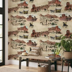 Carta da Parati Vintage Western con Cowboy e Cavalli