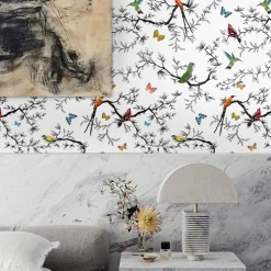 Carta da Parati Whimsical Birds and Butterflies Bianca