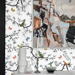 Carta da Parati Whimsical Birds and Butterflies Bianca