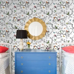 Carta da Parati Whimsical Birds and Butterflies Bianca