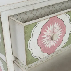 Cassettiera Barberini Bianca e Verde con Motivi di Girasole Rosa