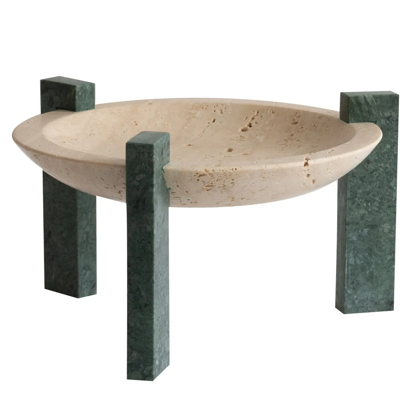 Centrotavola Block Stand Alto in marmo Travertino e Verde Guatemala