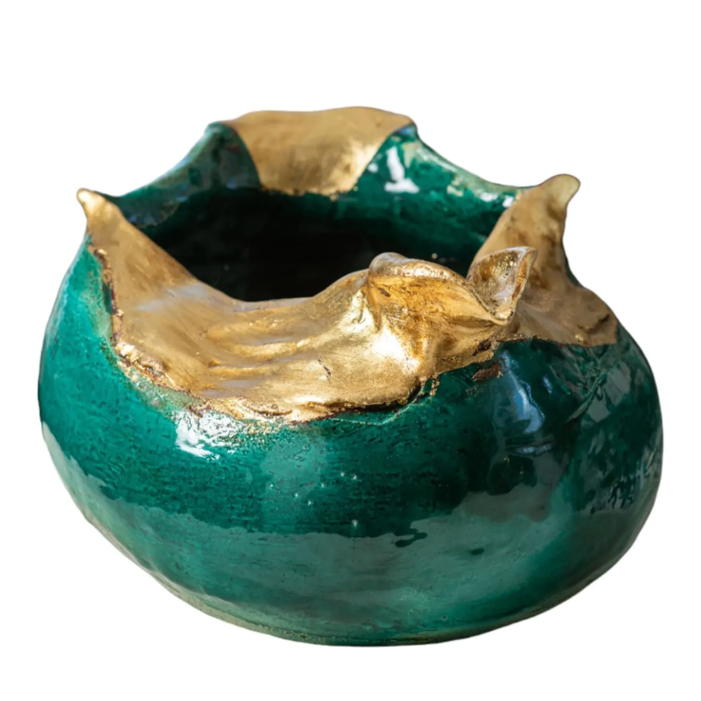Centrotavola in ceramica La Colomba Della Pace Verdigris e foglie d'oro