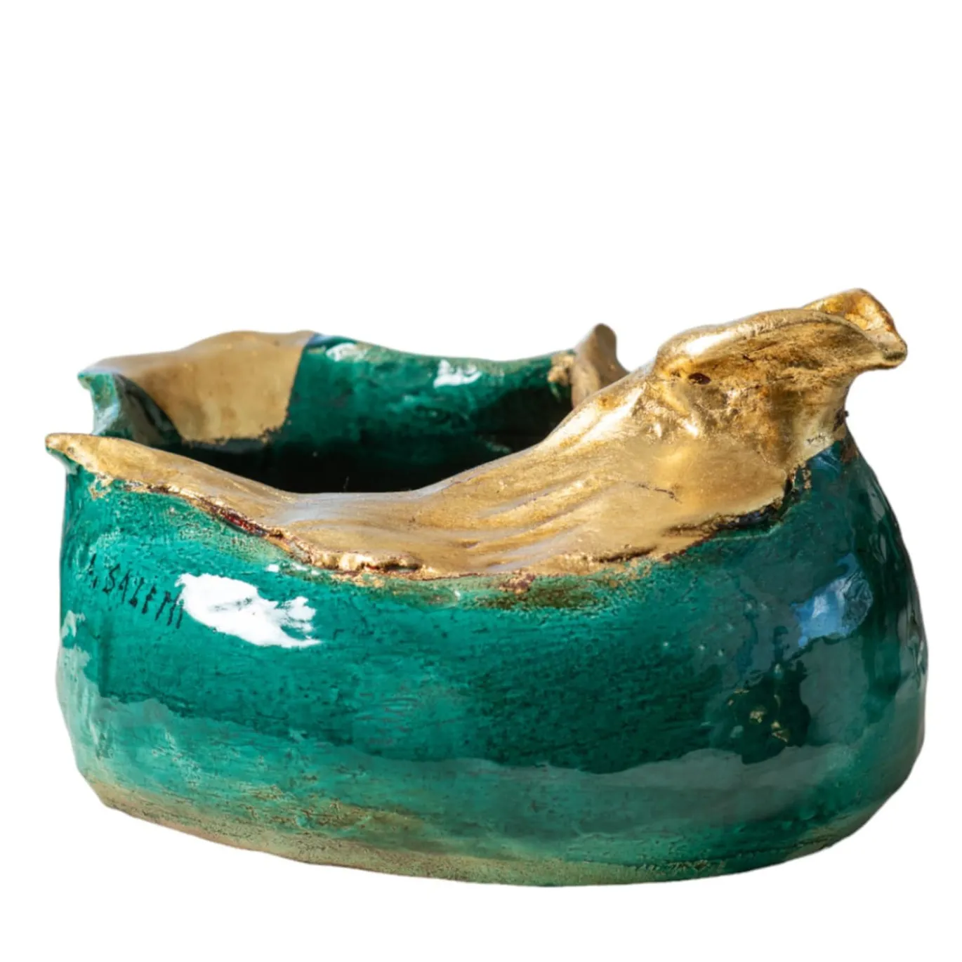 Centrotavola in ceramica La Colomba Della Pace Verdigris e foglie d'oro