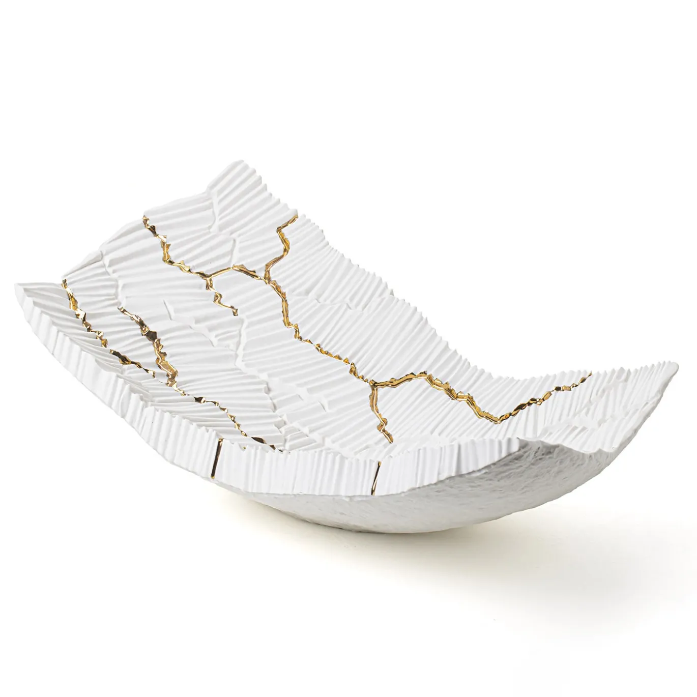 Centrotavola Levante in porcellana bianca con crepe oro