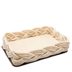 Centrotavola rettangolare in eco-pelle e corda color crema