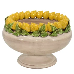 Centrotavola rialzato Medio con limoni gialli e foglie in maiolica siciliana