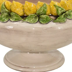 Centrotavola rialzato Medio con limoni gialli e foglie in maiolica siciliana