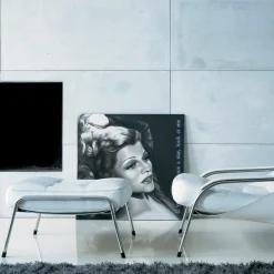 Chaise Longue Maggiolina in Pelle Bianca e Acciaio Inossidabile con Ottomano di Marco Zanuso