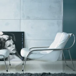 Chaise Longue Maggiolina in Pelle Bianca e Acciaio Inossidabile con Ottomano di Marco Zanuso