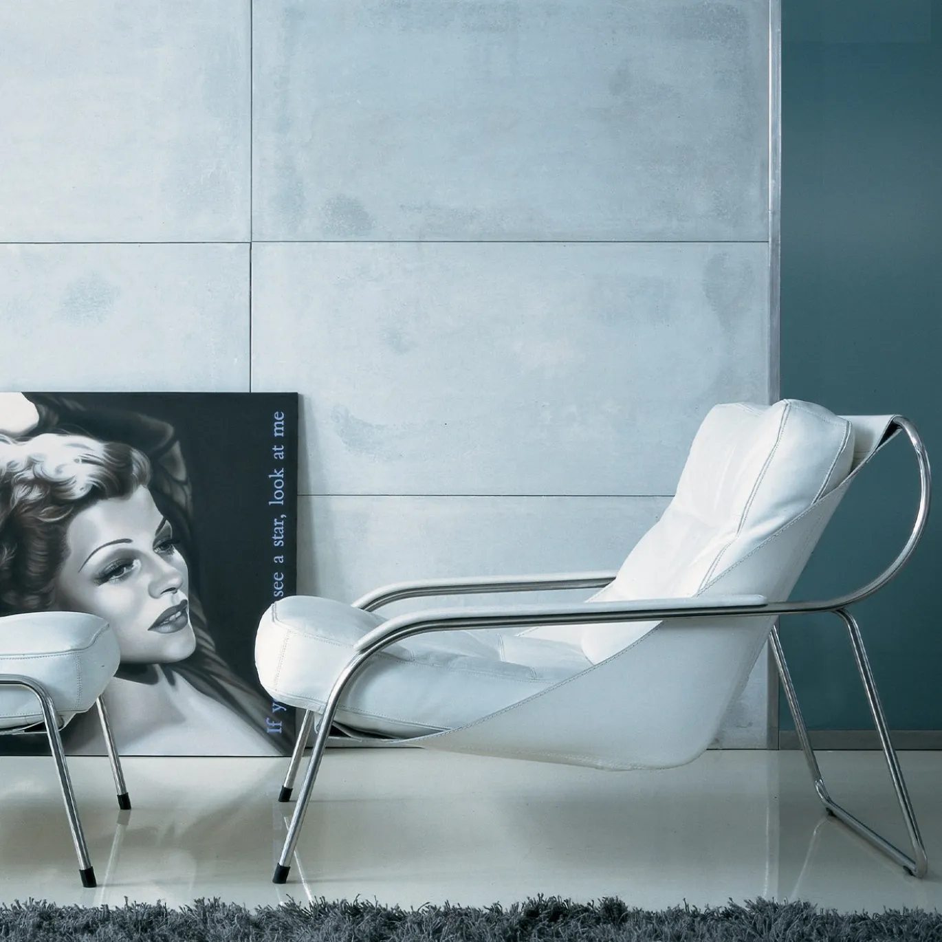Chaise Longue Maggiolina in Pelle Bianca e Acciaio Inossidabile con Ottomano di Marco Zanuso