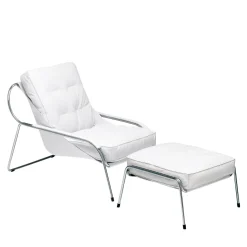 Chaise Longue Maggiolina in Pelle Bianca e Acciaio Inossidabile con Ottomano di Marco Zanuso
