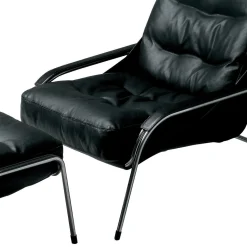 Chaise Longue Maggiolina in pelle nera e acciaio inossidabile con pouf di Marco Zanuso #1