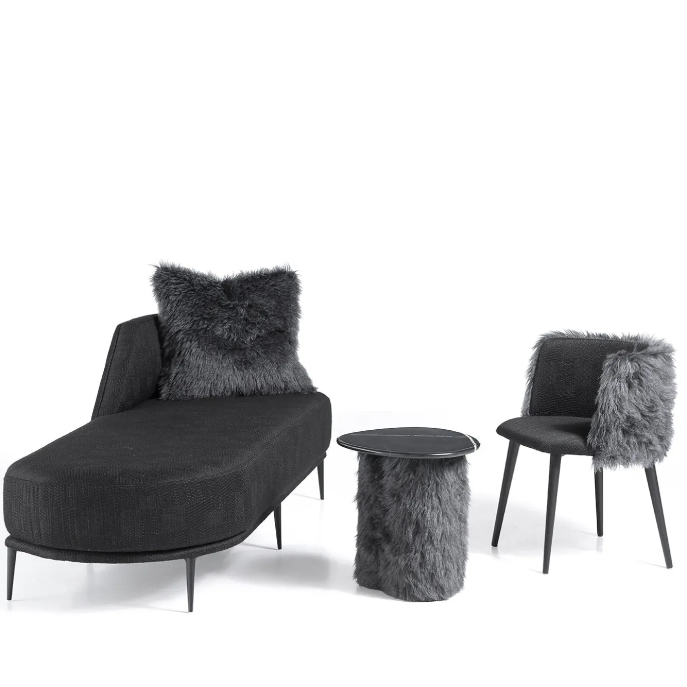 Chaise longue Pergy in tessuto nero imbottito