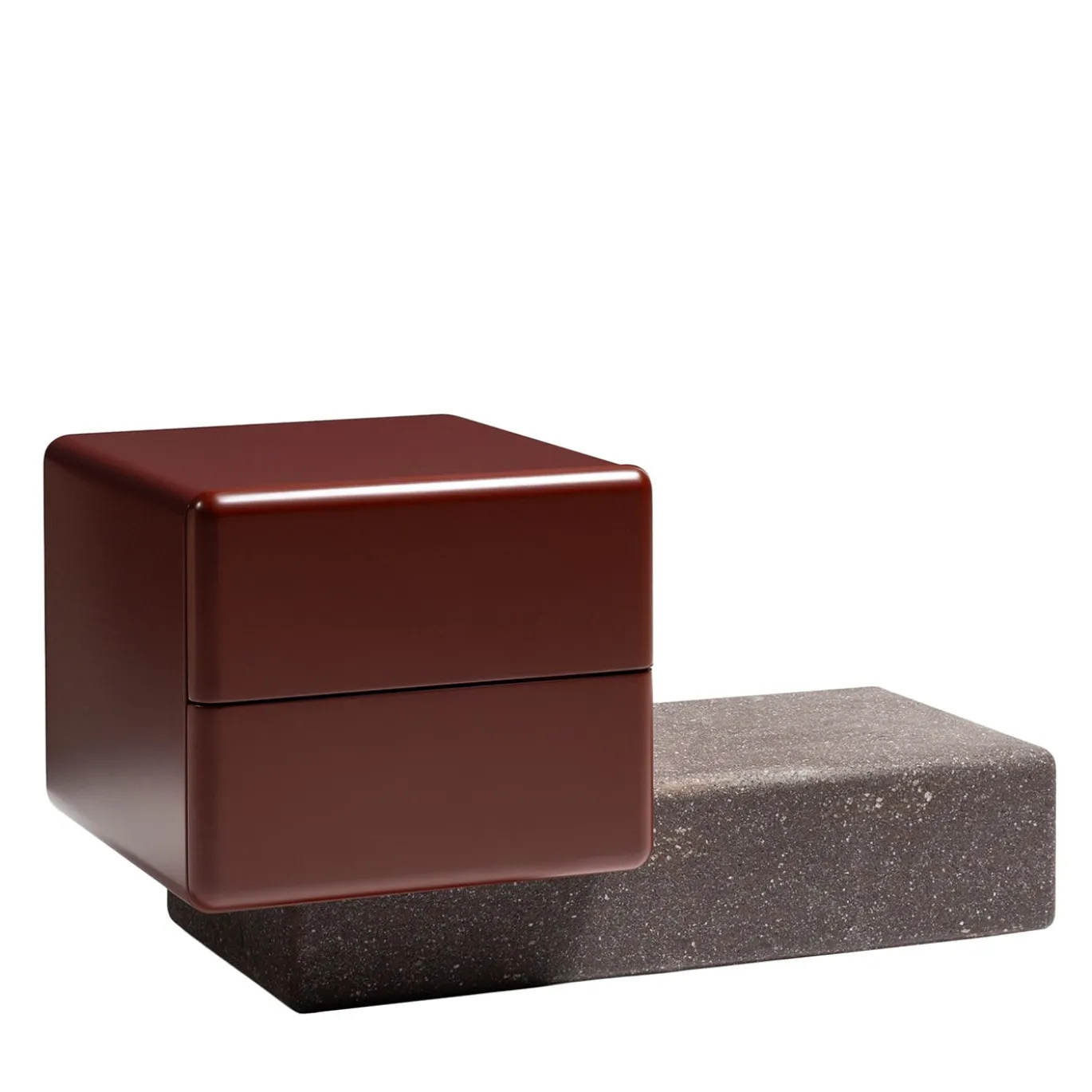 Comodino Brick NL Laccato Rosso Amarone Lucido con Base in Marmo Porfido